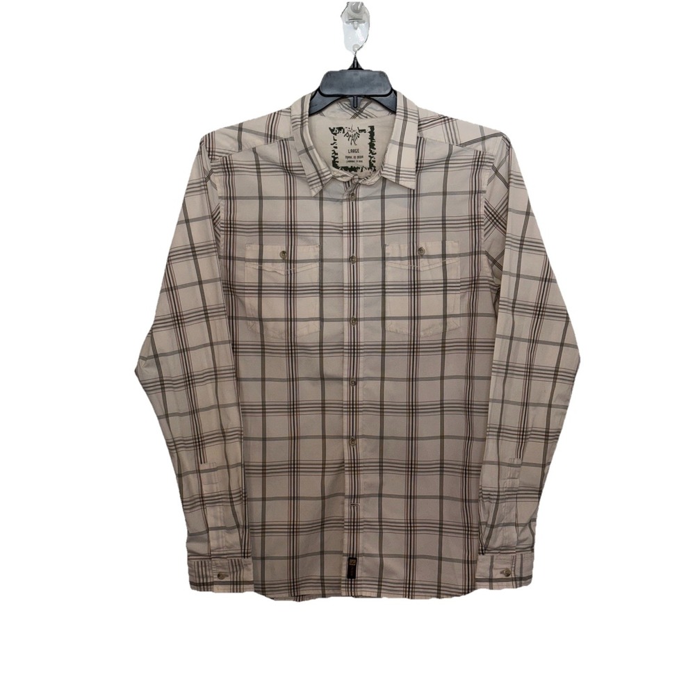 prAna Long Sleeve Button Down Mens Shirt L, Ivory Plaid Organic Cotton Casual